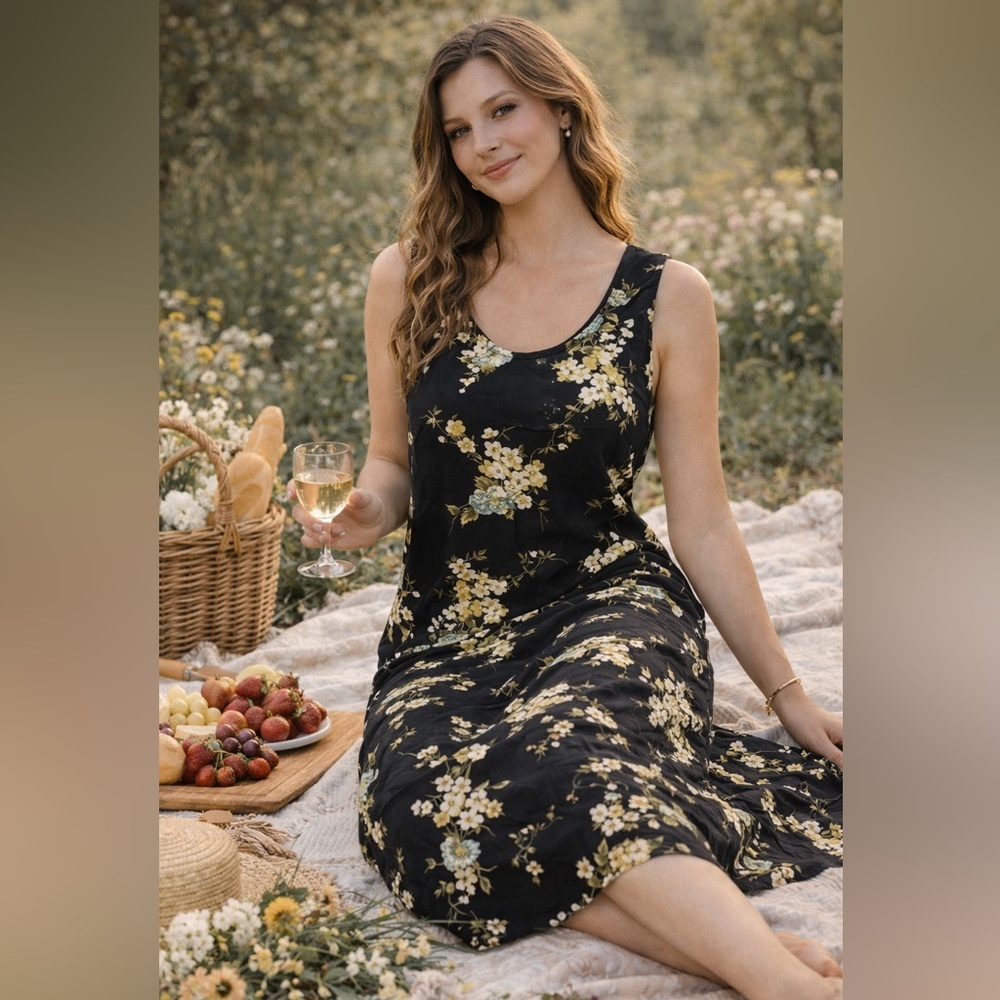 VTG Floral Sleeveless Black y2k tie back Dress 40 Long